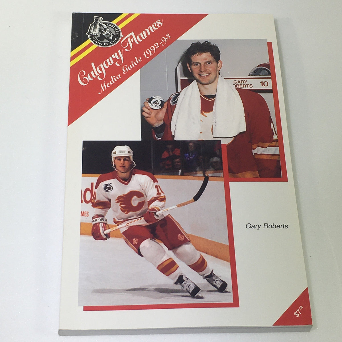 Lot of 7 VTG NHL Official Calgary Flames Media Guide 1990 - 1997 - Cover of Calgary Flames Media Guide 1992-93 showcasing player Gary Roberts with action shots.