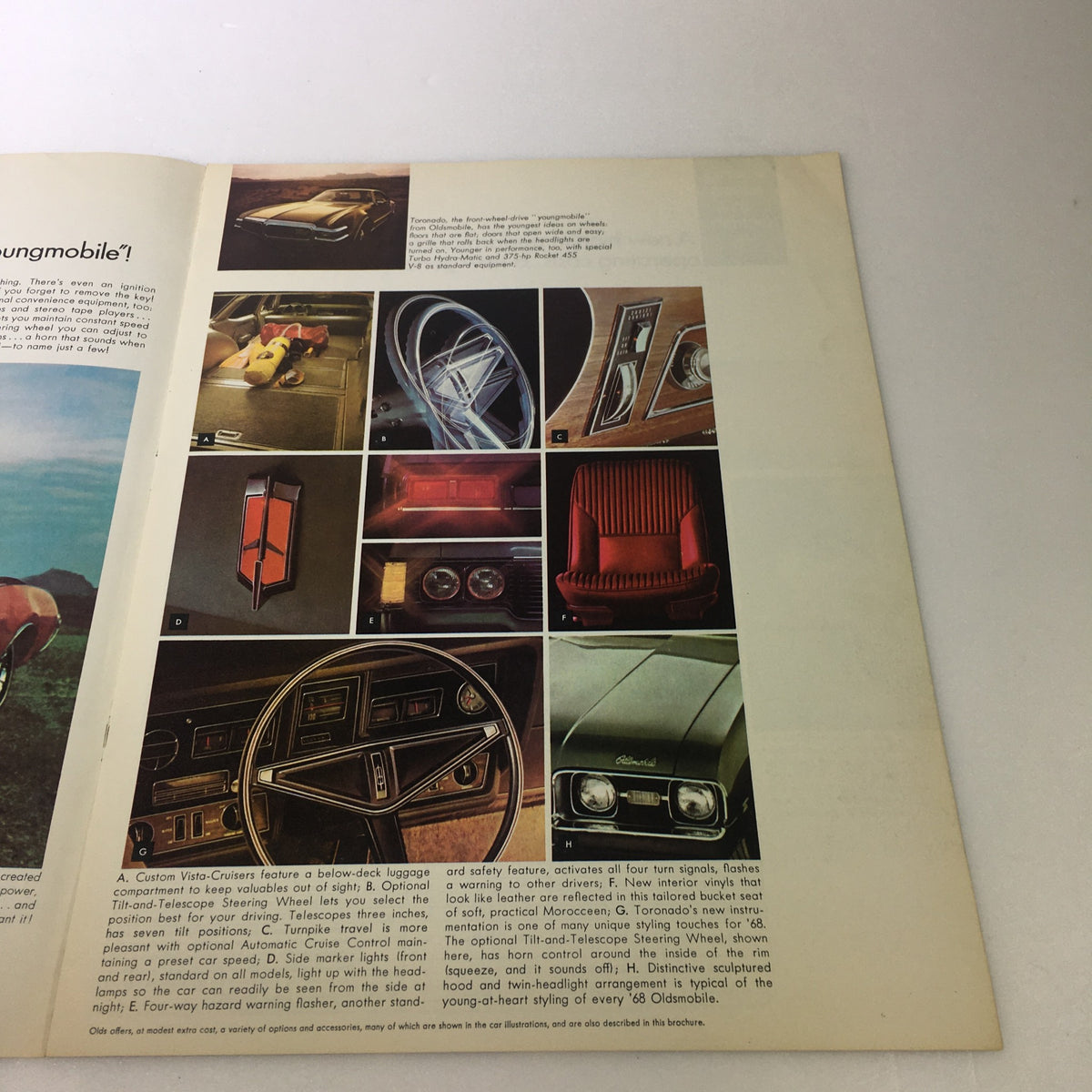 Inside view of the VTG 1968 Oldsmobile Custom Vista-Cruisers Car Auto Brochure Catalog showcasing features and interior design details.