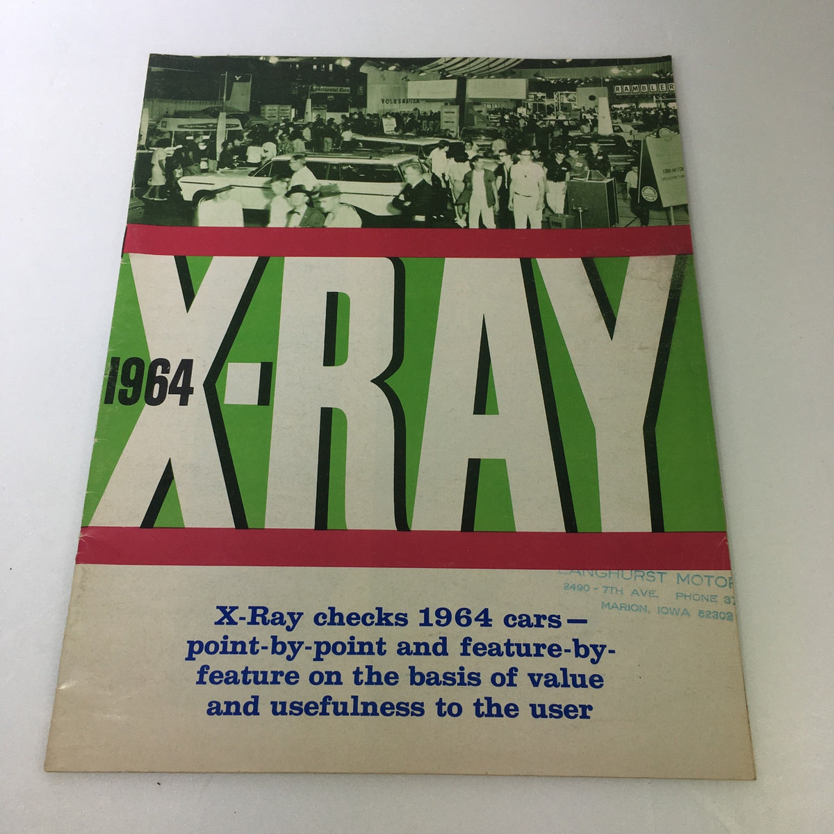 Cover of the VTG 1964 X-Ray Rambler Ambassador 990-H Car Auto Brochure Catalog featuring bold green and red graphics and a vintage photo backdrop, highlighting 1964 cars and their features.