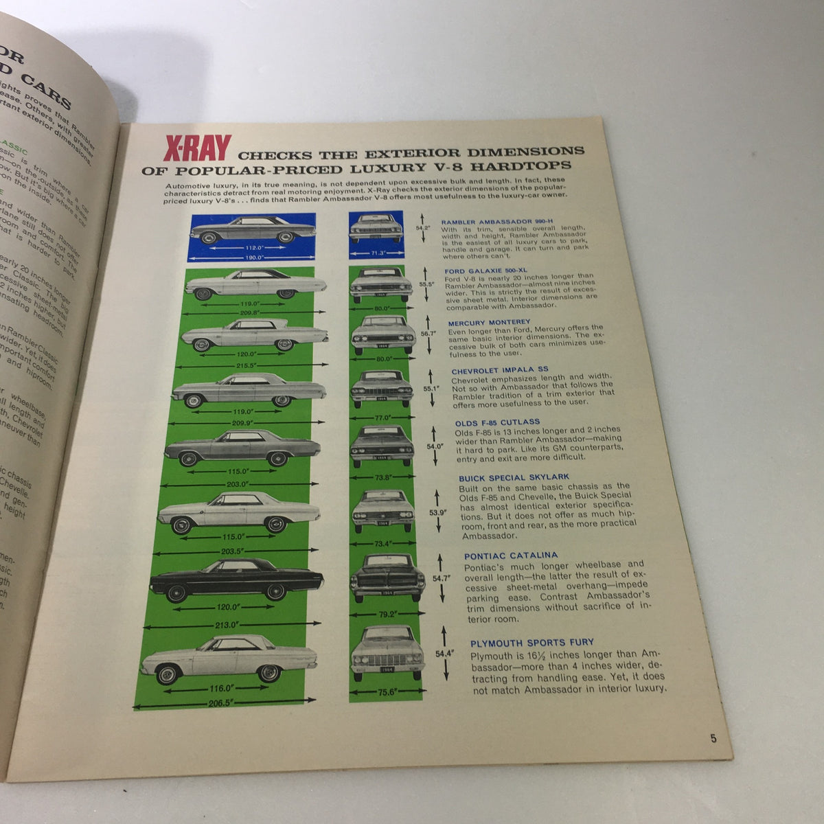 Vintage 1964 X-Ray Rambler Ambassador 990-H brochure page showcasing exterior dimensions of popular luxury V-8 hardtops, ideal for collectors.