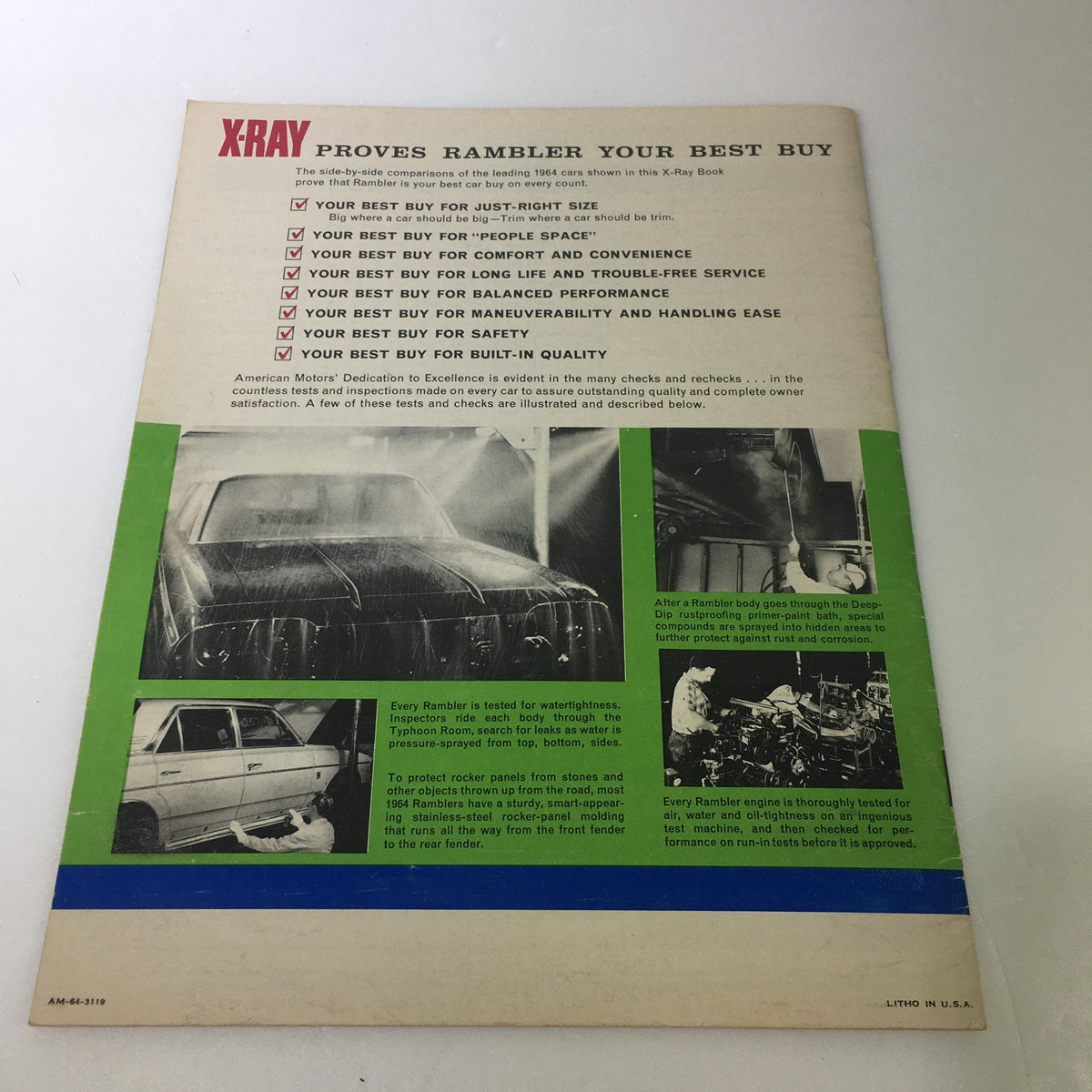 Back cover of the vintage 1964 X-Ray Rambler Ambassador 990-H brochure, highlighting the car's performance and durability tests.