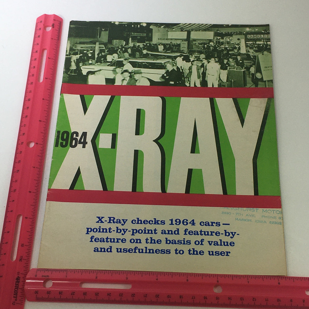 Front cover of the vintage 1964 X-Ray Rambler Ambassador 990-H brochure, displaying bold text and images from a car show.