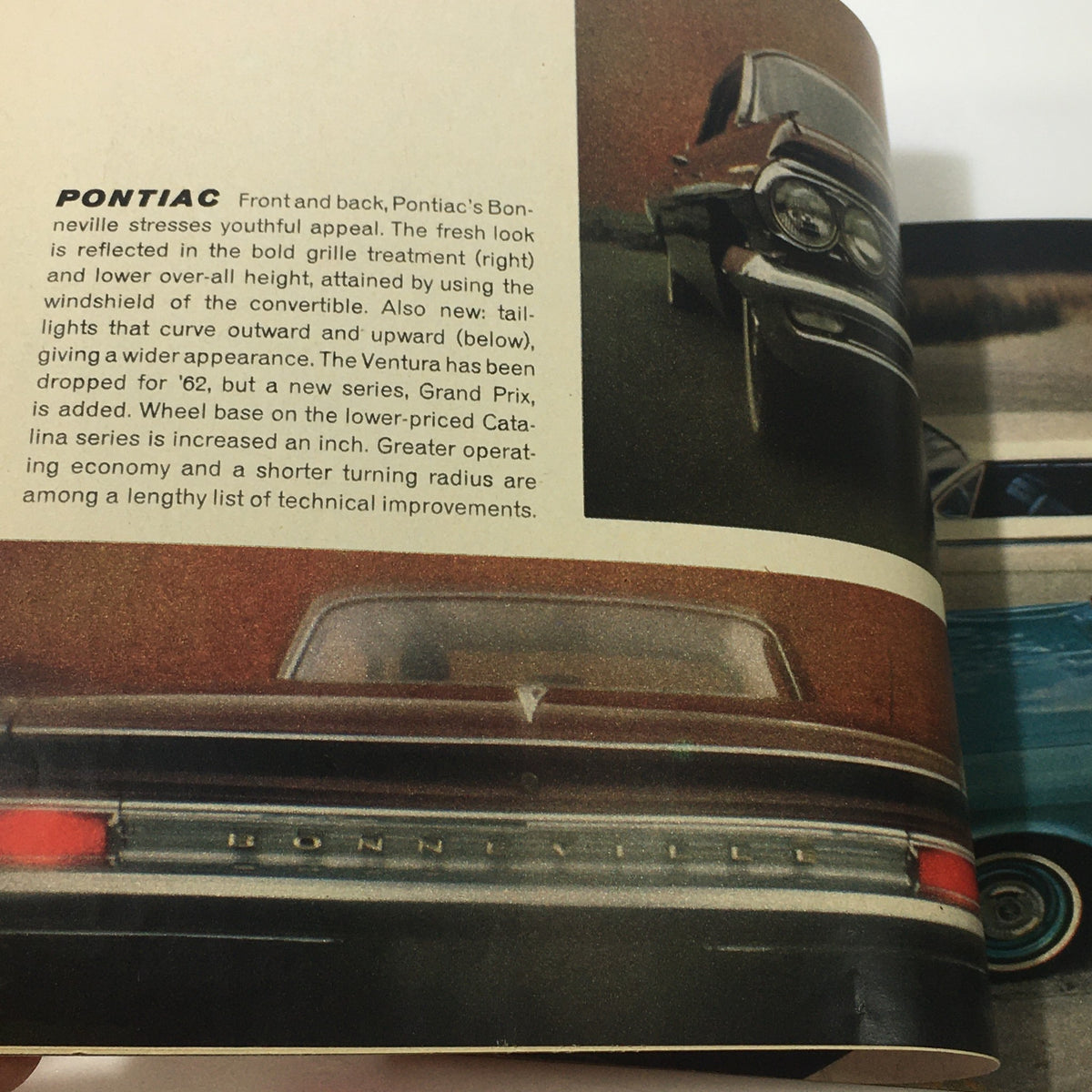 1962 Complete Magazine Guide To New Cars showcasing Pontiac Bonnevilles with detailed text on design features and technical improvements.