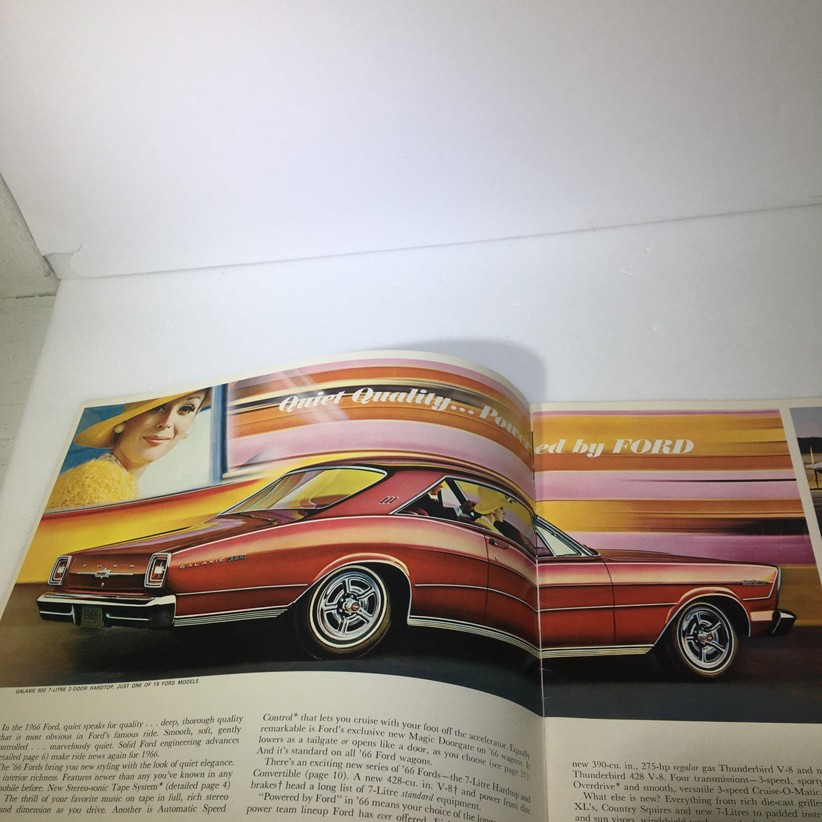 An illustration from the VTG 1966 Ford Galaxie 500 Convertible Sedan brochure, depicting a woman next to a vibrant red car, highlighting the quality and design.