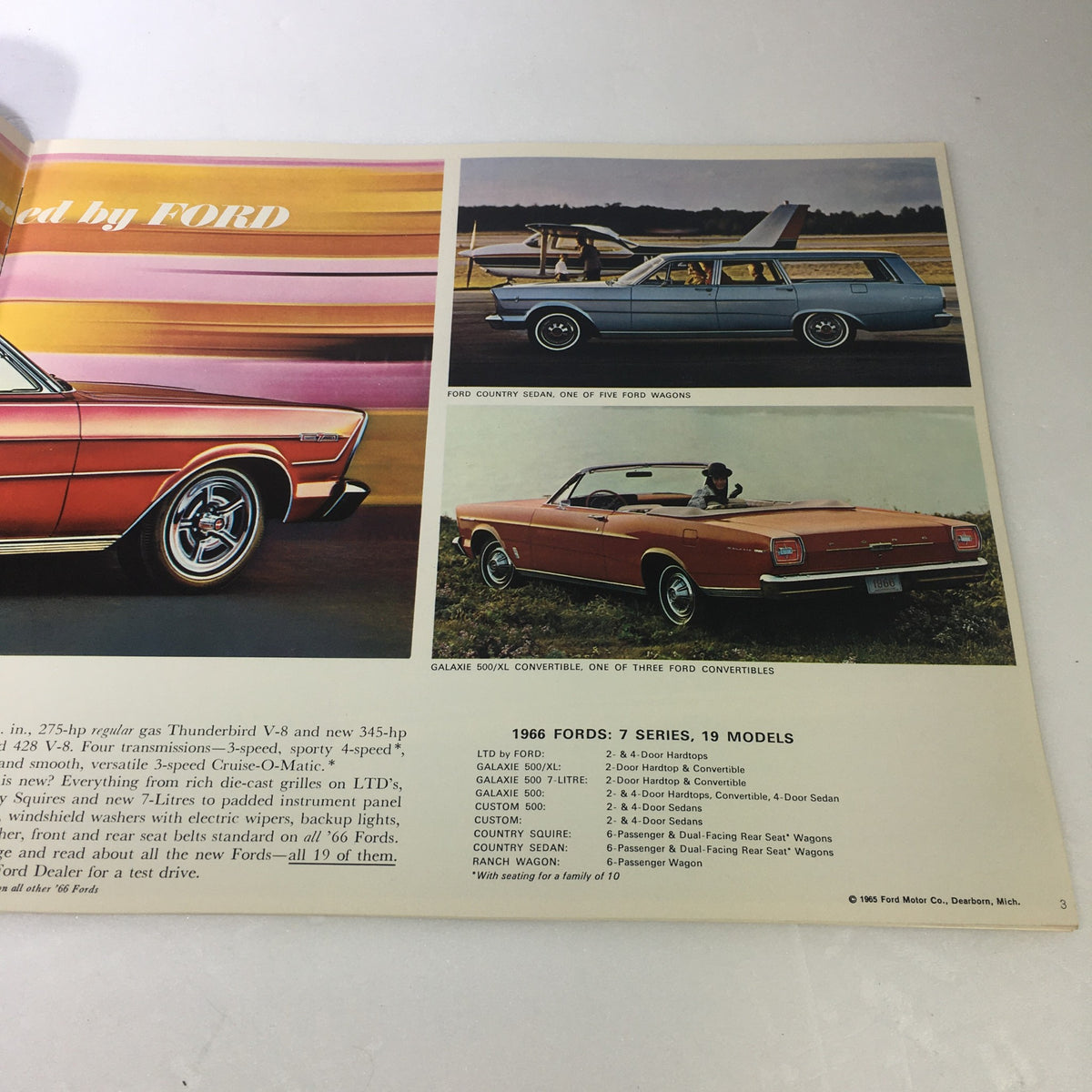VTG 1966 Ford Galaxie 500 Convertible Sedan 7 Series Car Auto Brochure Catalog featuring an image of a classic Ford Country Sedan, a blue Ford wagon, and a Ford Galaxie 500/XL Convertible. Vintage automotive catalog showcasing designs from the 1966 Ford lineup.