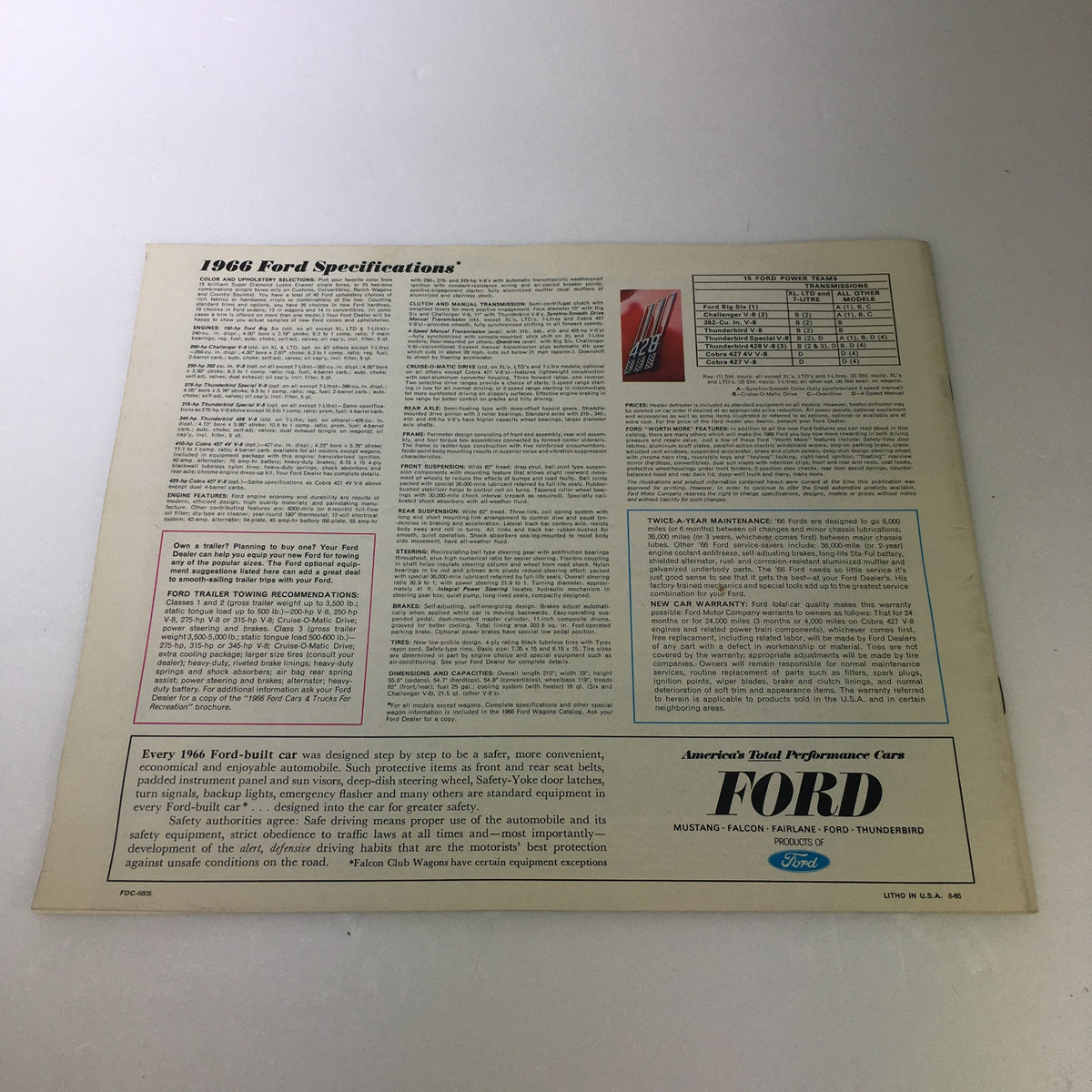 VTG 1966 Ford Galaxie 500 Convertible Sedan 7 Series Car Auto Brochure Catalog displaying the back cover with detailed 1966 Ford specifications, including various models and features of Ford cars from that year.