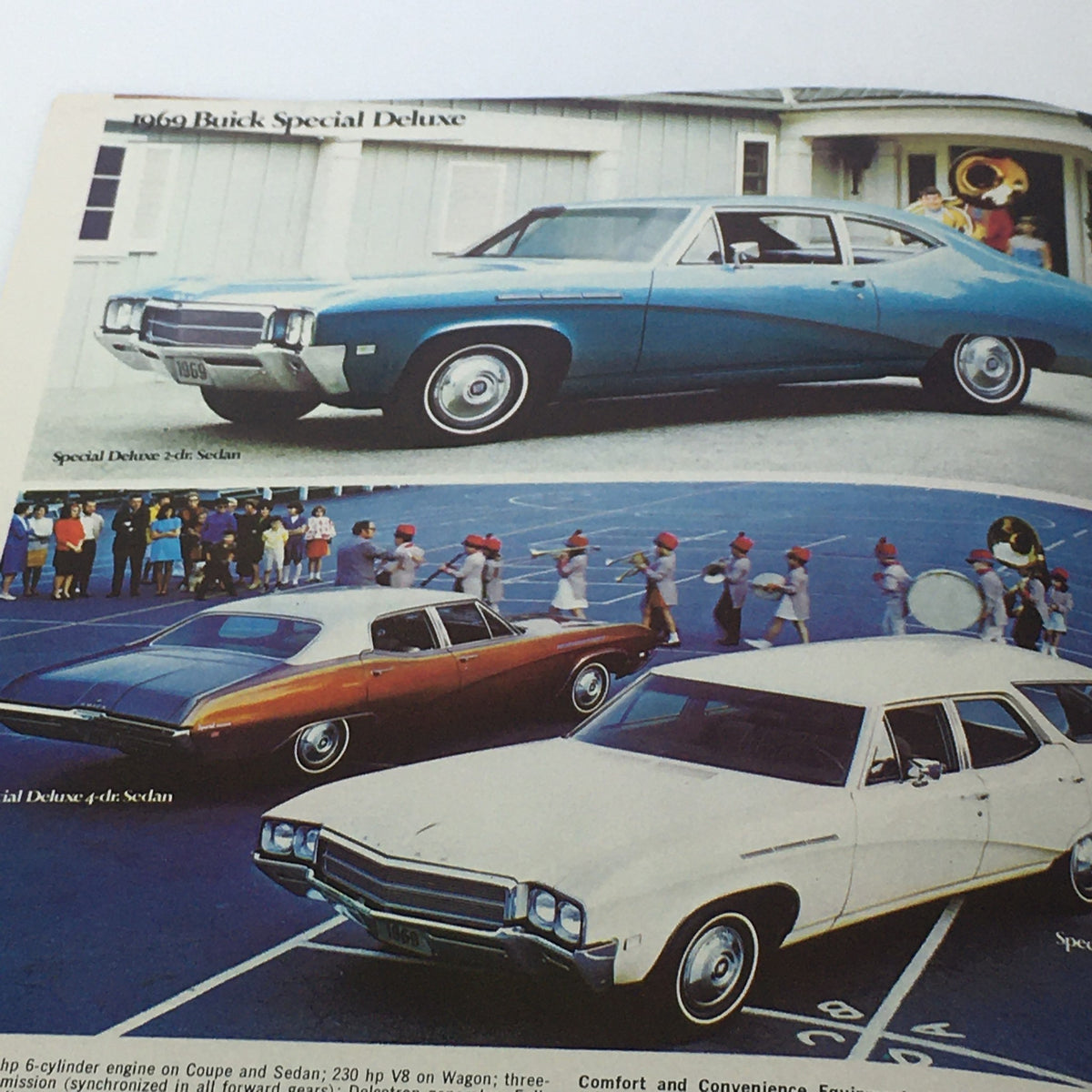 Image from the VTG 1969 Buick Riviera GS Electra Custom Sport Coupe Car Auto Brochure Catalog displaying the 1969 Buick Special Deluxe 2-door Sedan and other models in line-up, highlighting innovative automotive style from the late 1960s.