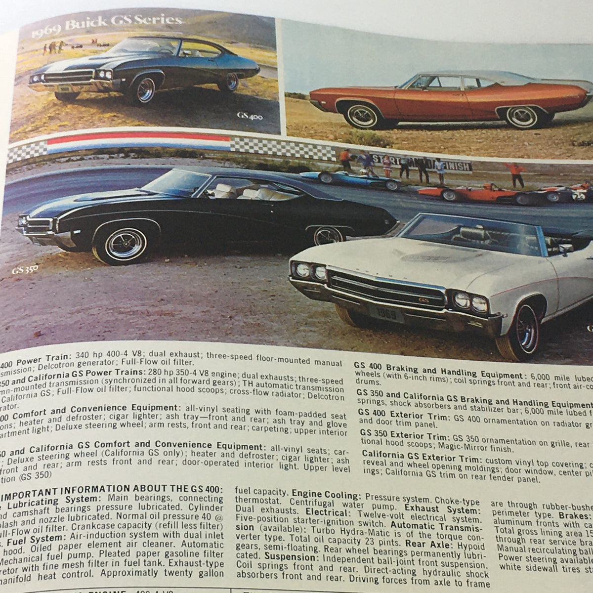 Image from the VTG 1969 Buick Riviera GS Electra Custom Sport Coupe Car Auto Brochure Catalog featuring the 1969 Buick GS series cars, showcasing sporty and luxurious automotive design with detailed performance stats.