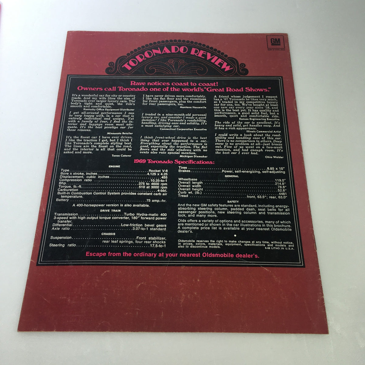 Back cover of the VTG 1969 Oldsmobile Toronado Sporting Luxury Car Auto Brochure Catalog featuring specifications and promotional text about the vehicle.