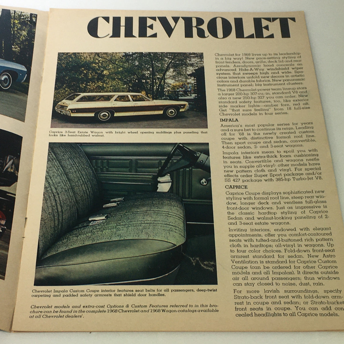 Interior features of a 1968 Chevrolet vehicle with a vintage design, highlighted in the VTG 1968 Chevrolet Chevelle Camaro Chevy II Corvair Car Auto Brochure Catalog.