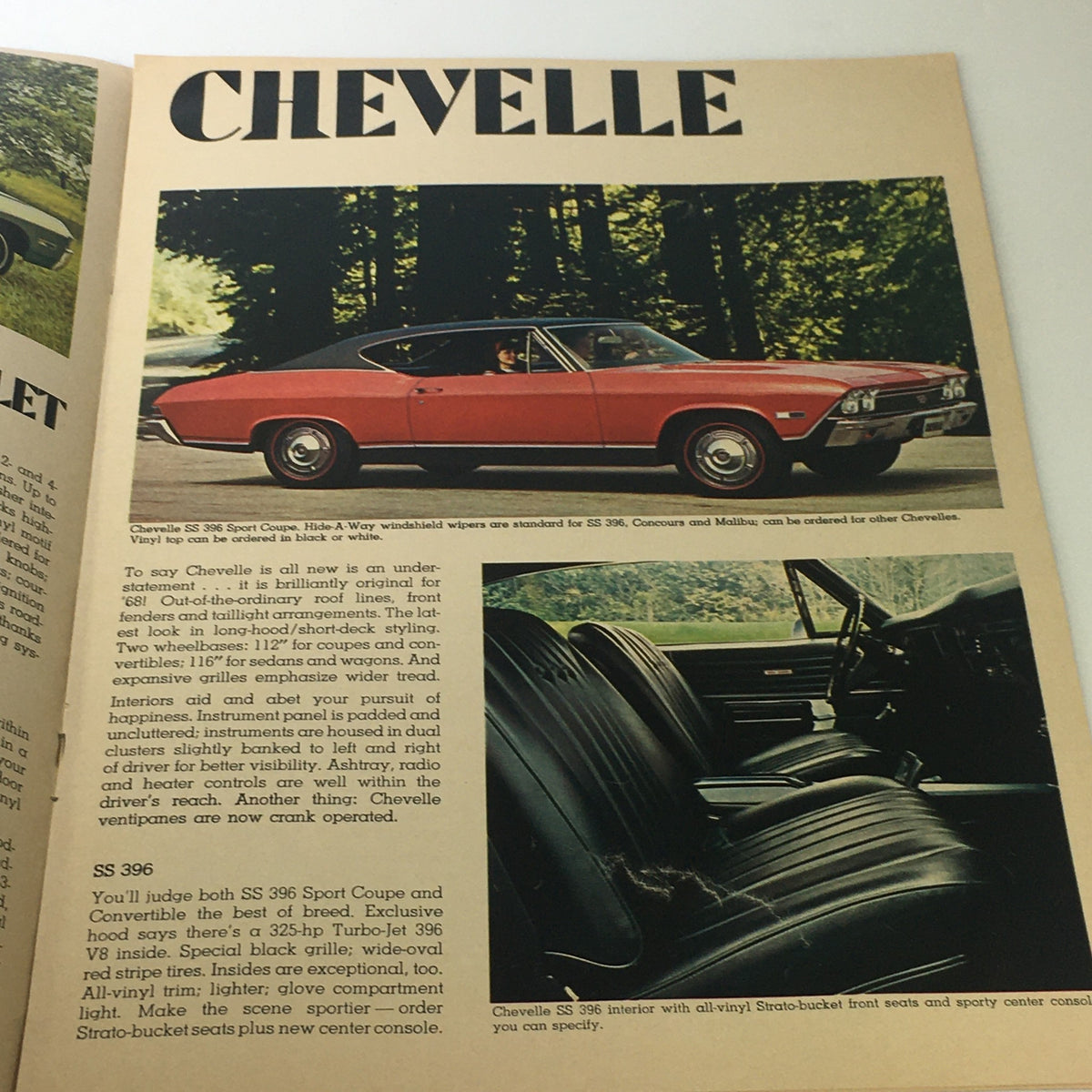 Profile view of a 1968 Chevrolet Chevelle, displayed in the VTG 1968 Chevrolet Chevelle Camaro Chevy II Corvair Car Auto Brochure Catalog, emphasizing its classic styling.