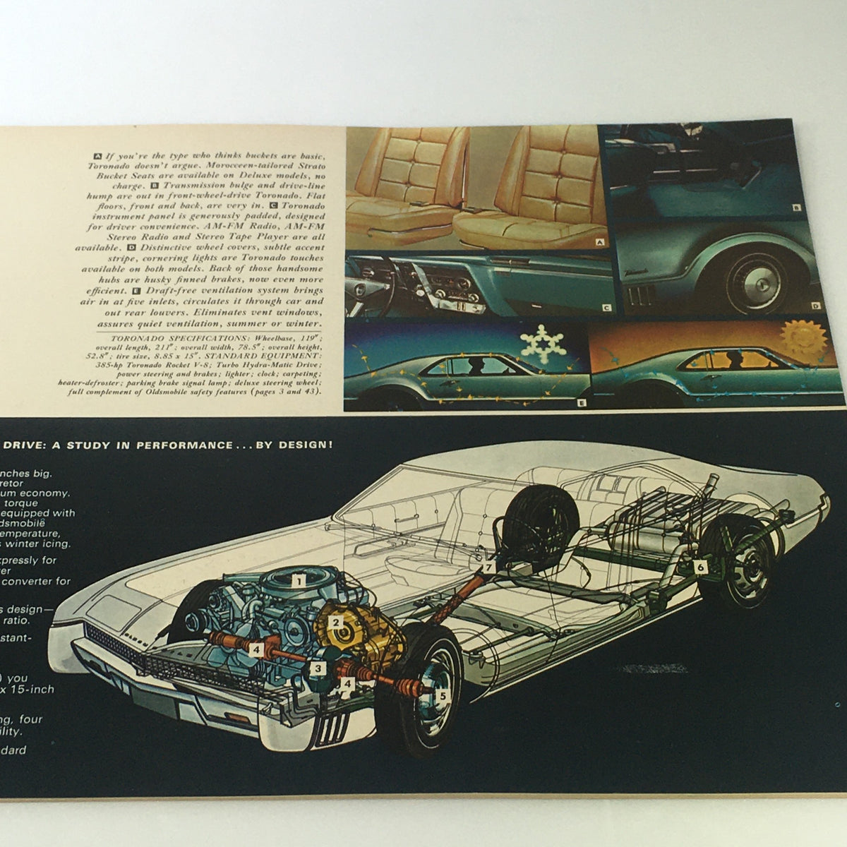 Inside of the VTG 1967 Oldsmobile Toronado Delta Sedan Auto Brochure showcasing interior features, seats, and an illustration of the car's design.
