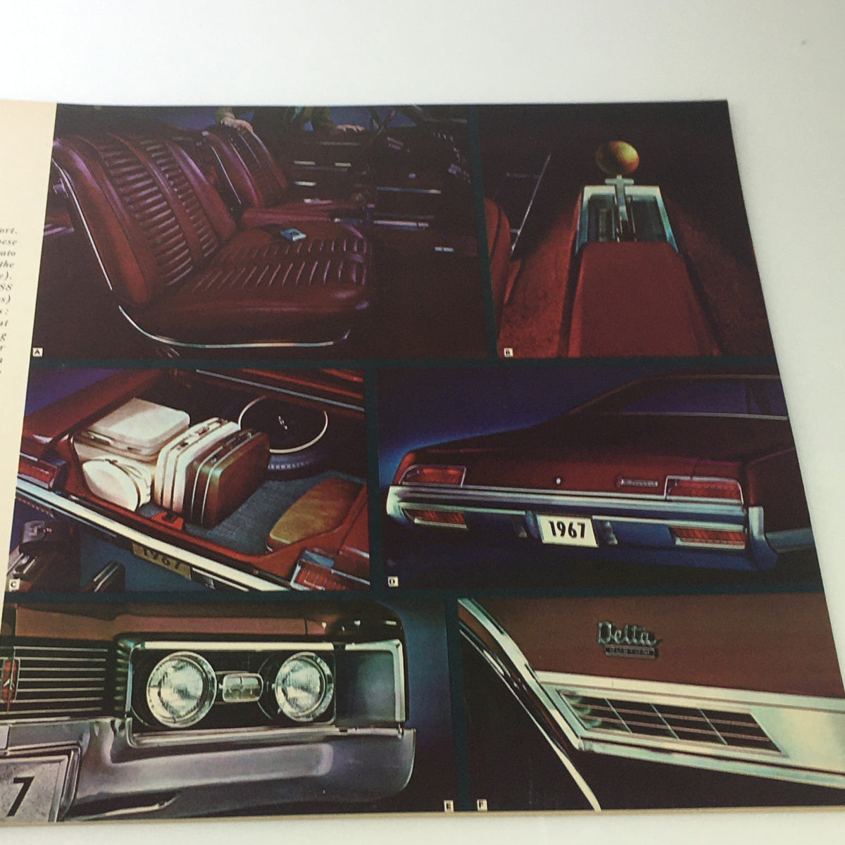 Another interior page from the VTG 1967 Oldsmobile Toronado Delta Sedan Auto Brochure highlighting the car's rear interior, seating, trunk space, and details of the car's exterior.
