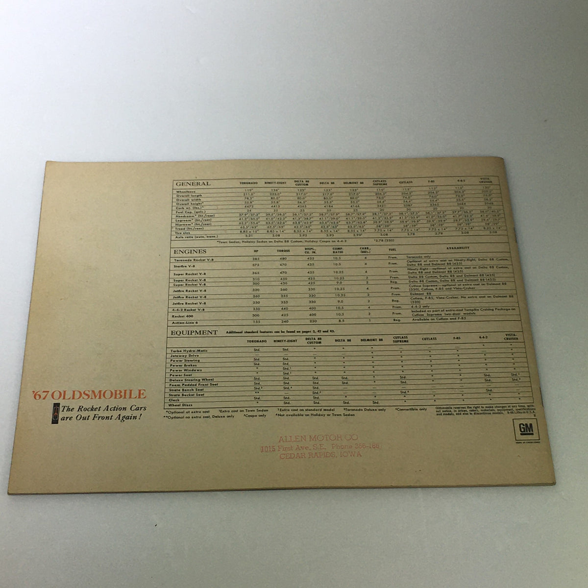 Back cover of the VTG 1967 Oldsmobile Toronado Delta Sedan Car Auto Brochure Catalog featuring specifications and equipment details.