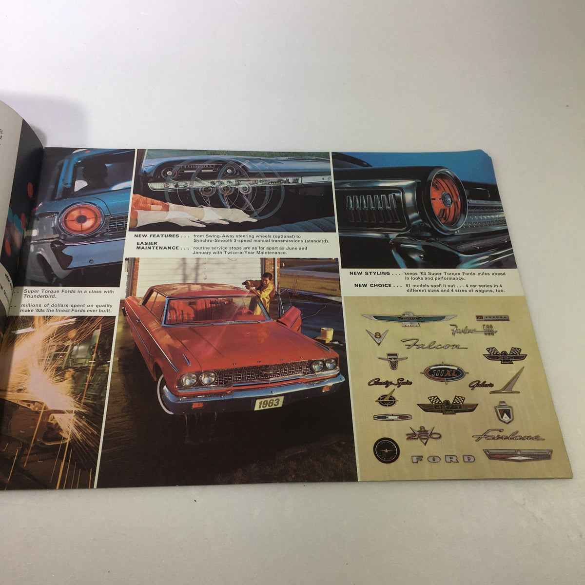 Interior page of the VTG 1963 Ford Super Torque 4 Series Car Auto Brochure Catalog showcasing new features and stylish Ford vehicles.