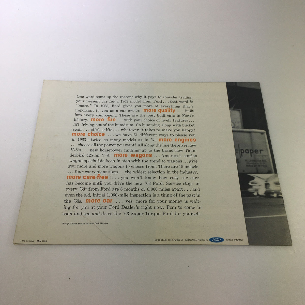 Back of the VTG 1963 Ford Super Torque 4 Series Car Auto Brochure Catalog discussing the advantages of owning a 1963 Ford with more options.