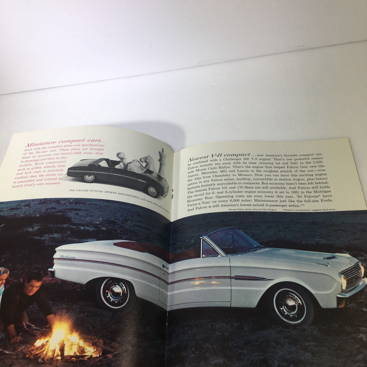Inside page of the VTG 1963 Ford Falcon Futura Sports Convertible Car Auto Brochure Catalog showcasing the convertible car with figures, emphasizing the compact V8 model.