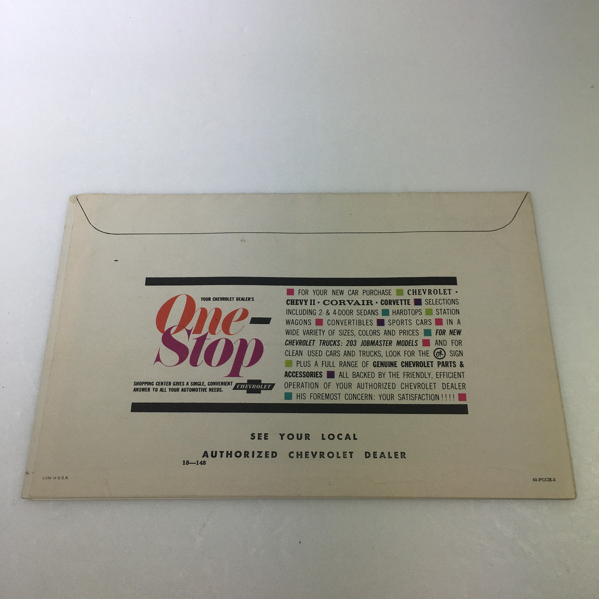 Back cover of the VTG 1962 Chevrolet Chevy II Corvair Corvette Selection Car Auto Brochure Catalog featuring the title 'One-Stop' for Chevrolet purchases and dealer information.