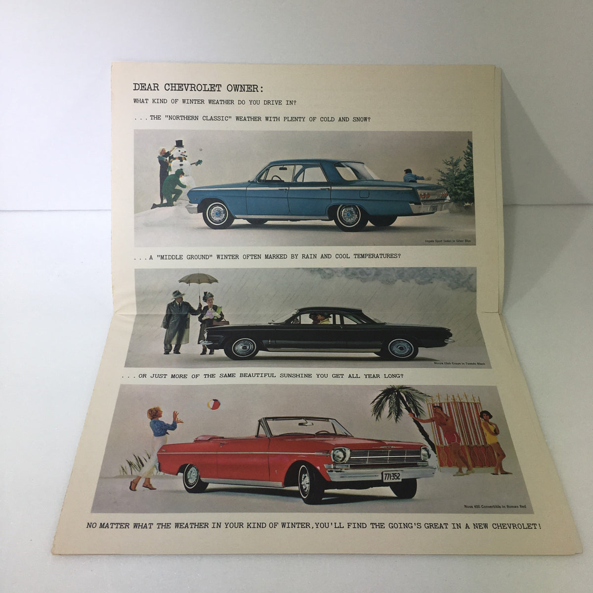 Vintage 1962 Chevrolet Chevy II Corvair Corvette auto brochure showcasing three different Chevrolet models in various winter and summer weather settings. The image features a blue Chevrolet in a winter scene, a black Chevrolet with a couple under an umbrella, and a red convertible on a sunny beach, emphasizing the versatility of Chevrolet cars for all weather conditions.