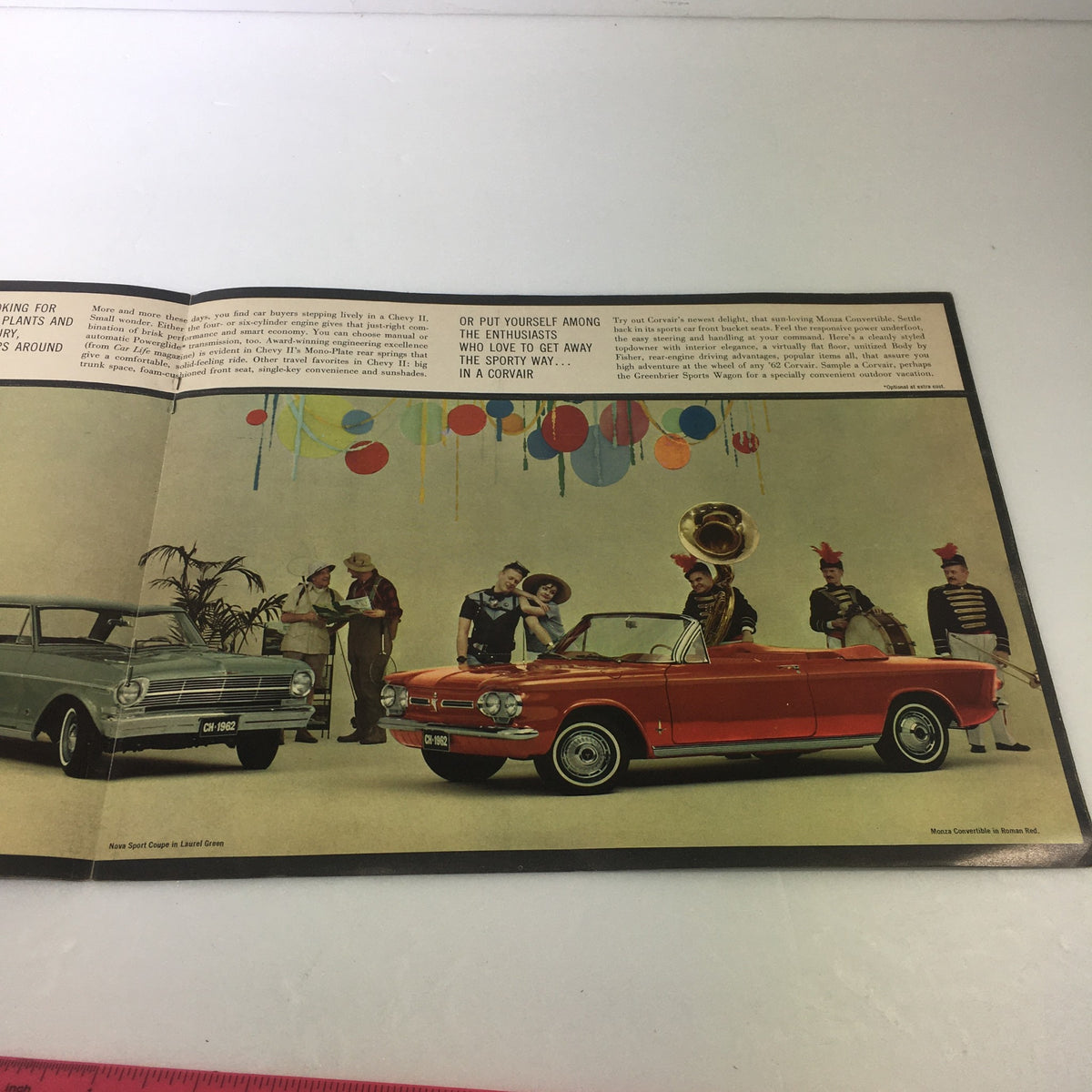 VTG 1962 Chevrolet Corvair Monza Convertible Car Auto Brochure Catalog showcasing a convertible car, vintage style, with people enjoying a festive atmosphere.