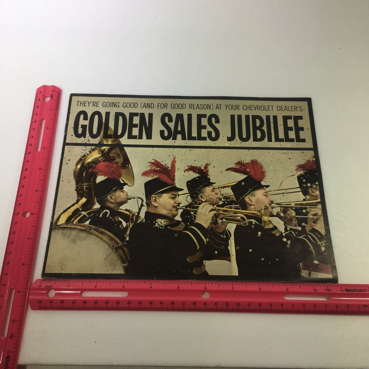 Front cover of the VTG 1962 Chevrolet Corvair Monza Convertible Car Auto Brochure Catalog showcasing a promotional event titled 'Golden Sales Jubilee' with musicians in uniform.