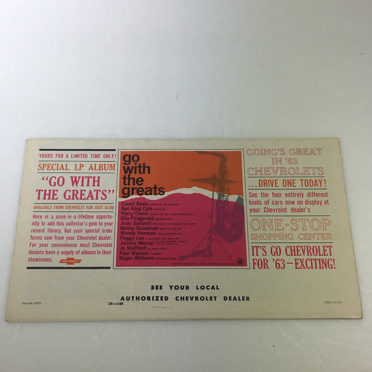 Vintage 1963 Chevrolet Corvair Chevelle Chevy II car brochure catalog featuring promotional details including the 'Go with the Greats' LP album offer.