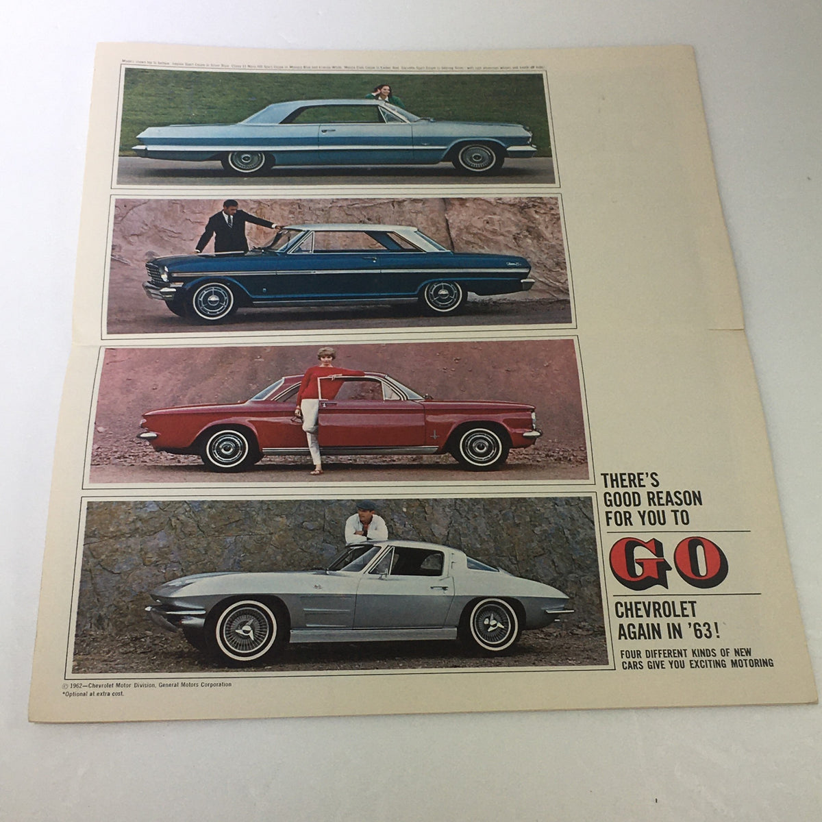 Vintage 1963 Chevrolet cars brochure catalog showcasing four different Chevrolet models alongside individuals, promoting the 1963 Chevy collection.