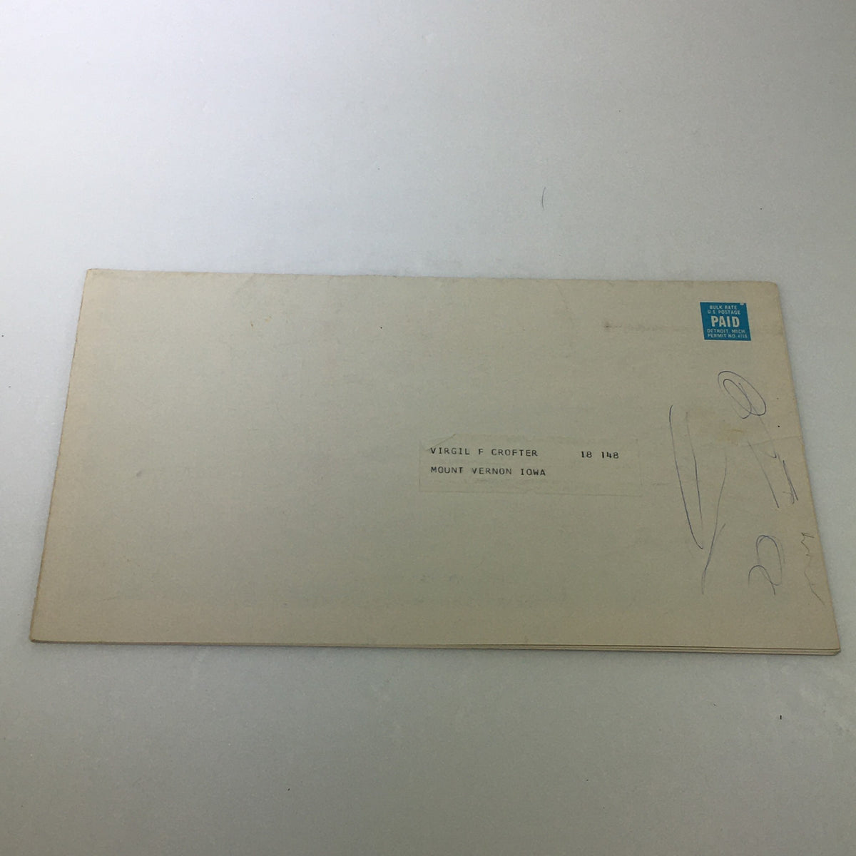 Back view of the 1963 Chevrolet Corvair Chevelle Chevy II car brochure catalog showing an address label and details related to the brochure's mailing.