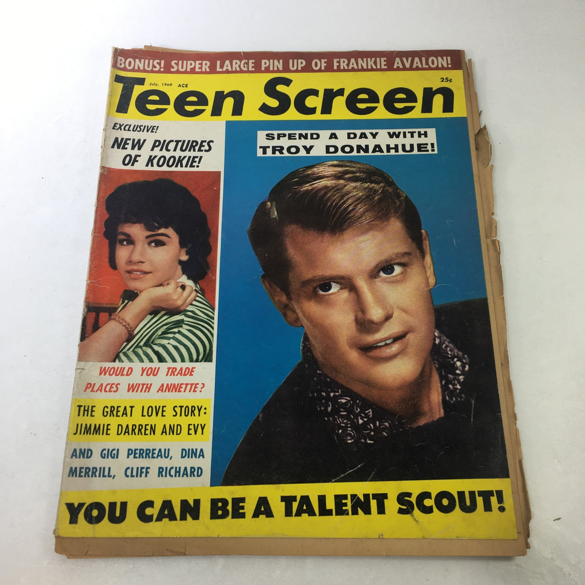 VTG Teen Screen Magazine July 1960 featuring Troy Donahue and an image of a young actress. Cover highlights a super large pin-up of Frankie Avalon.