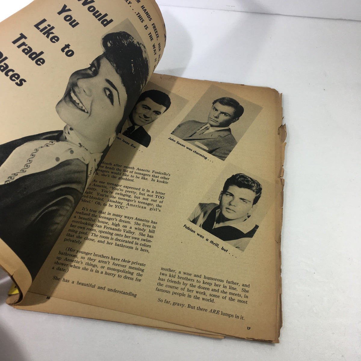 Inside page of VTG Teen Screen Magazine July 1960 featuring a feature story on Annette Funicello and her experiences, along with pictures of various actors.