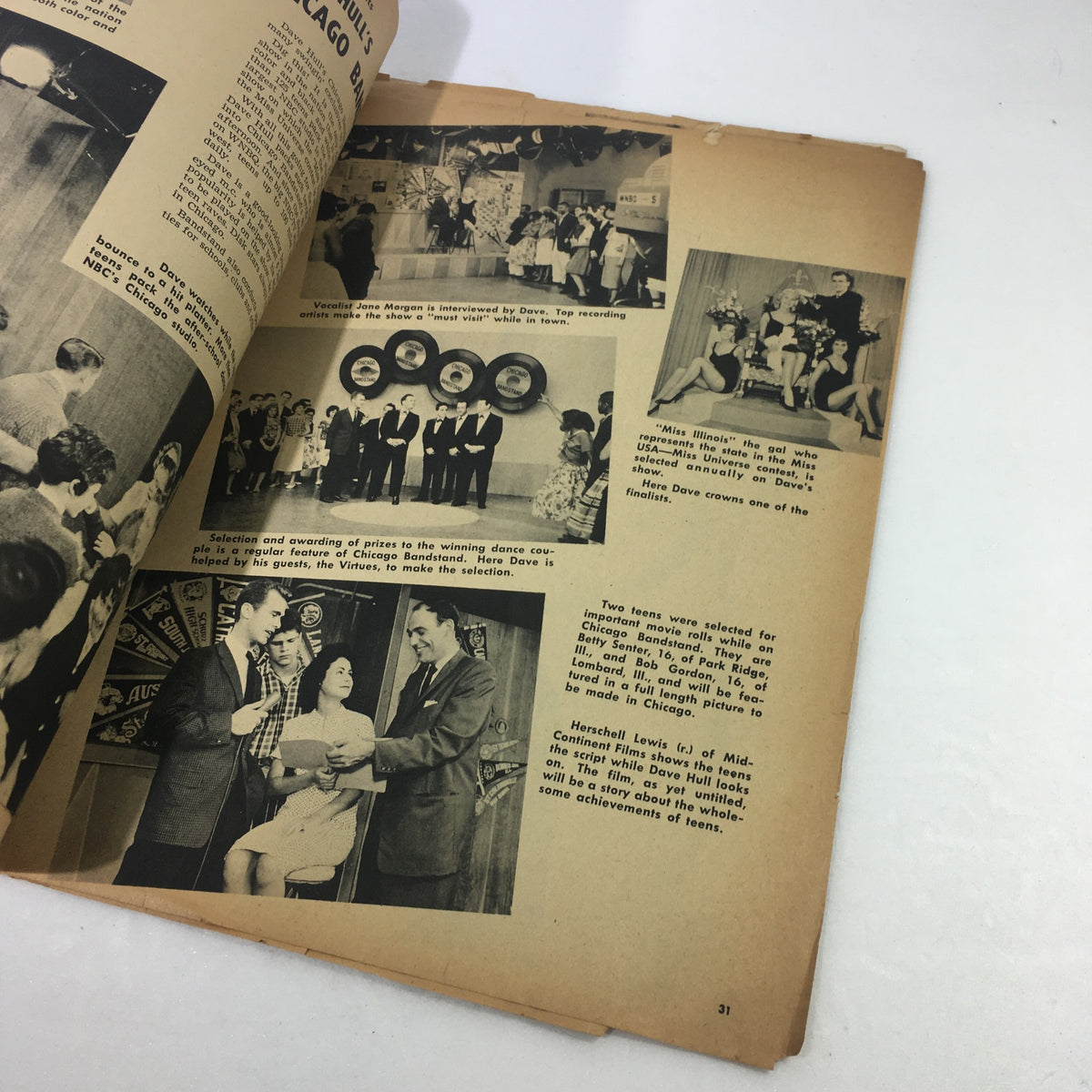 Inside page of VTG Teen Screen Magazine July 1960 featuring images from a Chicago Bandstand event, including attendees and performers.