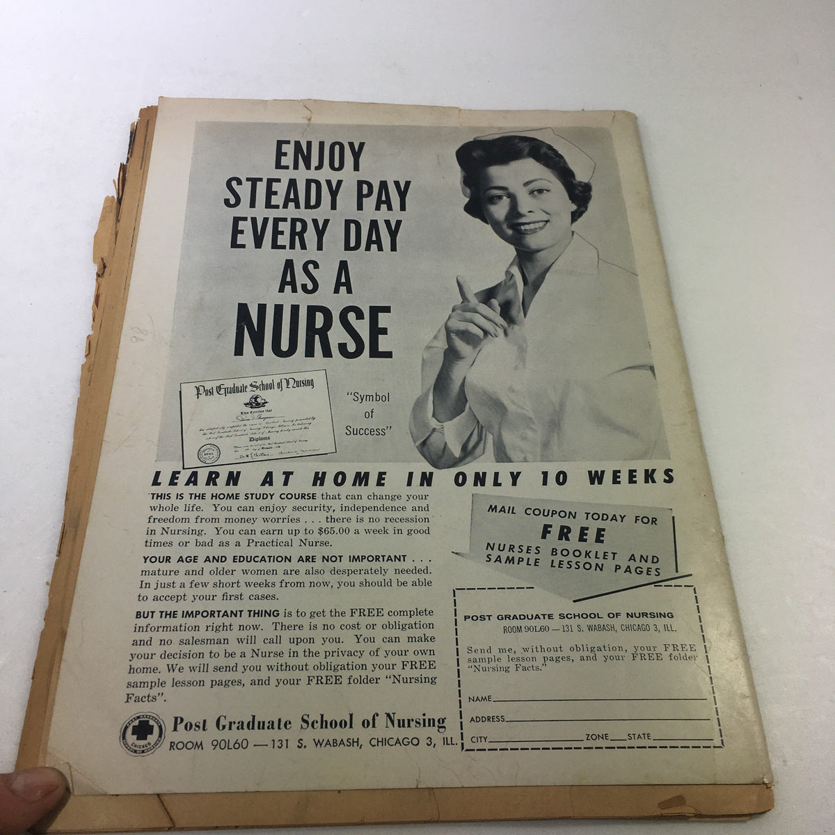 Back cover advertisement of VTG Teen Screen Magazine July 1960 promoting nursing courses, featuring a smiling nurse.