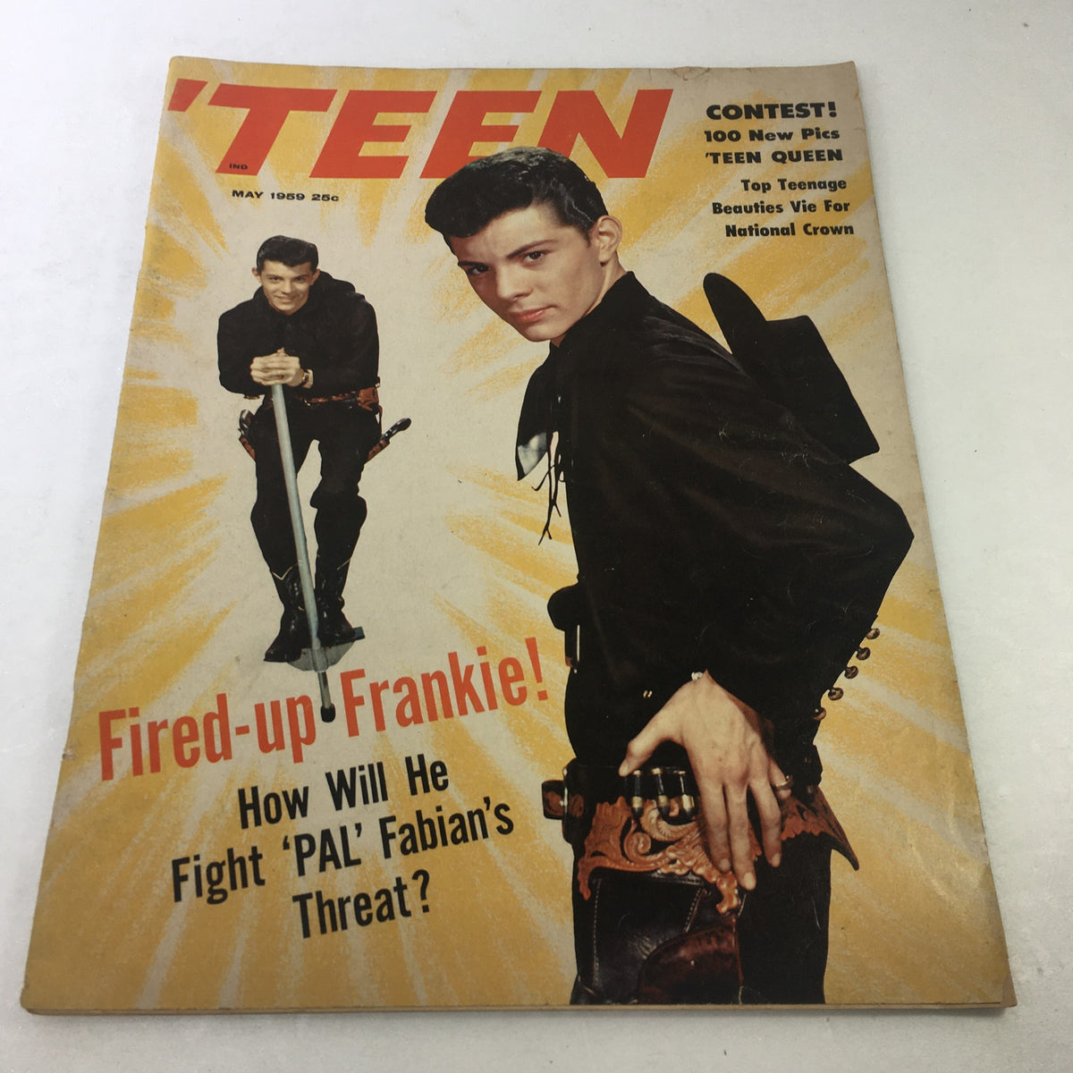 Vintage Teen Magazine May 1959 featuring Frankie Avalon on the cover with a bold title 'Fired-up Frankie! How Will He Fight 'PAL' Fabian's Threat?'. The cover showcases a dynamic design with bright yellow rays in the background.