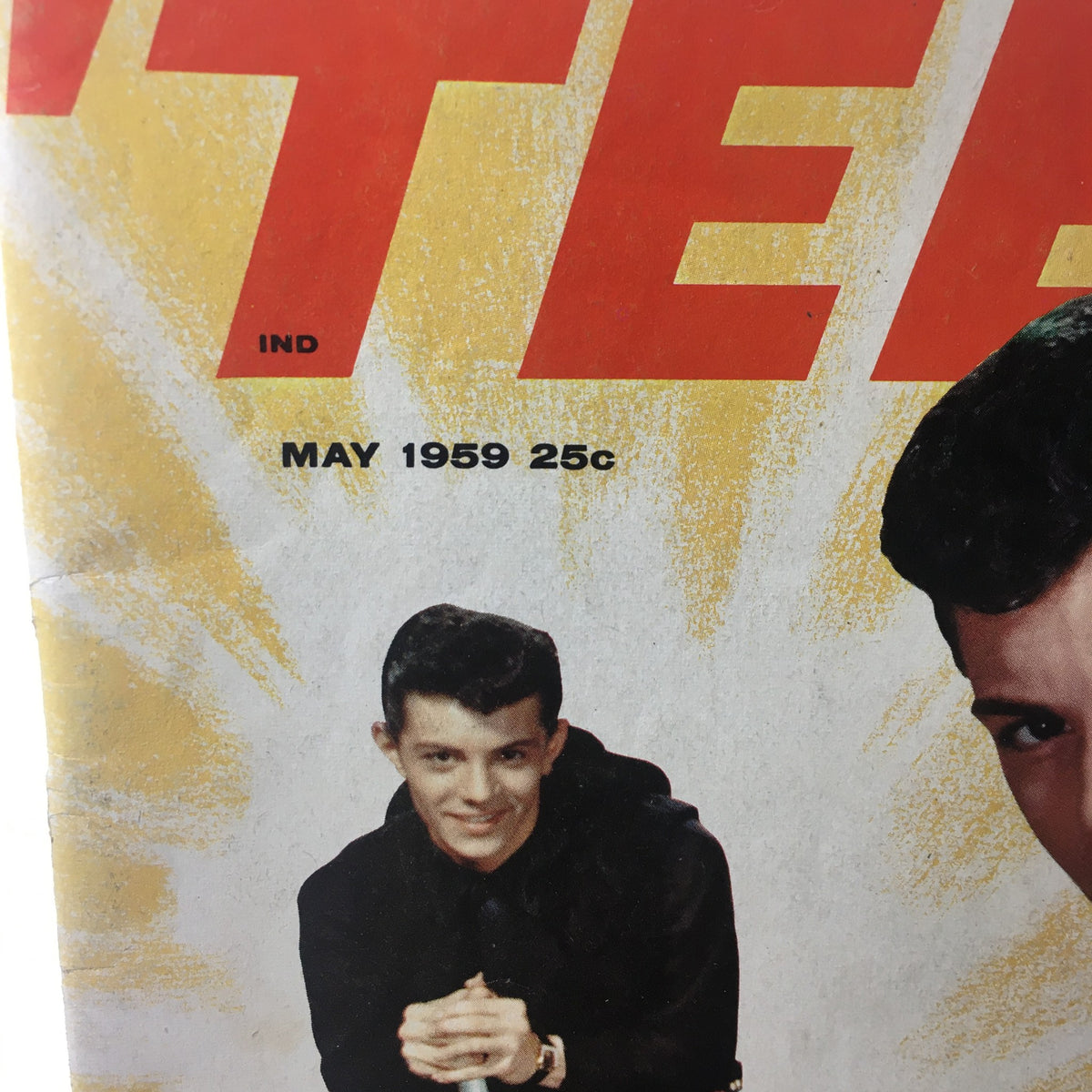 Close-up of the Vintage Teen Magazine May 1959 cover highlighting the date and price, with the title prominently displayed and featuring a youthful male figure.