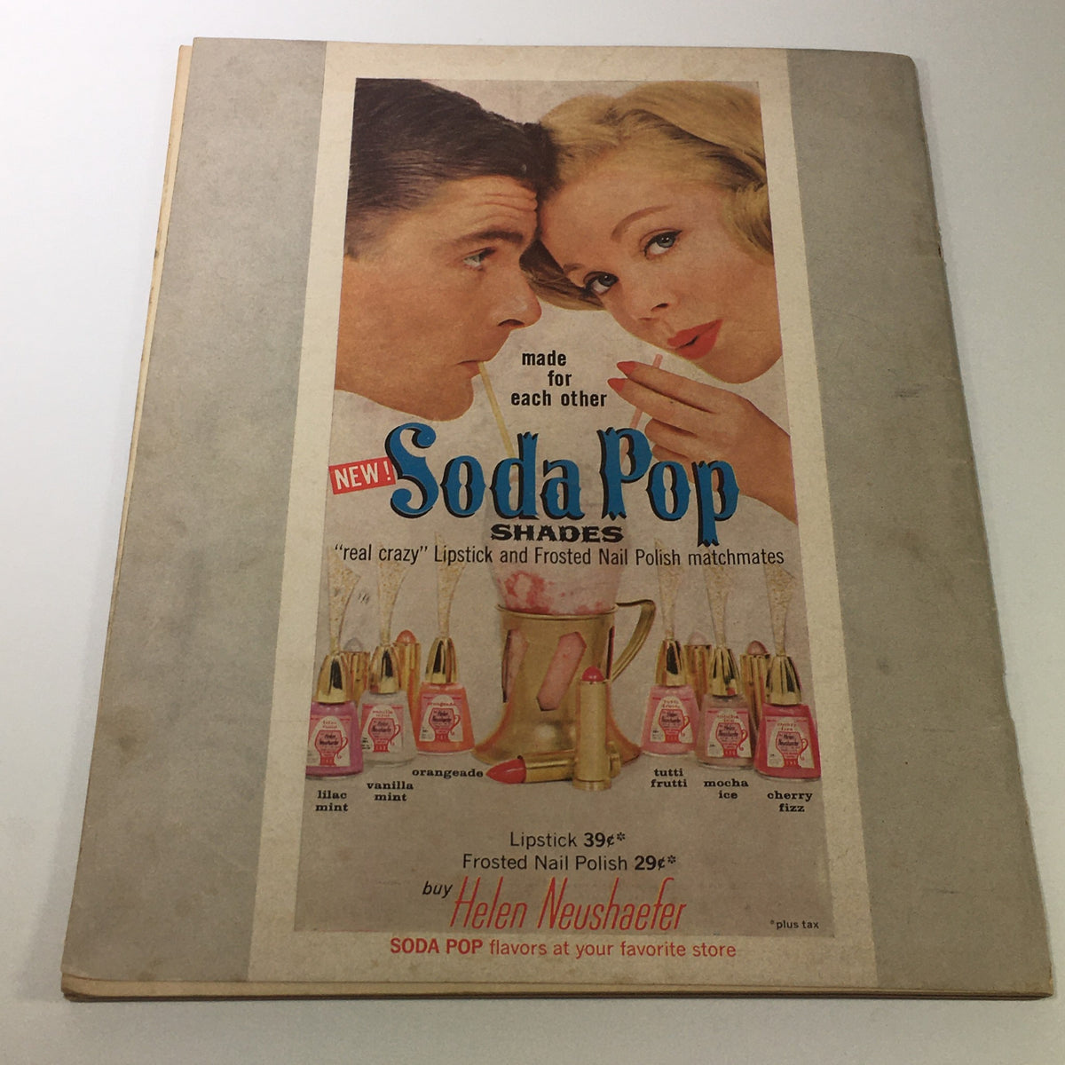 Advertisement page for Soda Pop Shades lipstick and nail polish from the May 1961 edition of Teen Magazine, featuring a couple and product display.