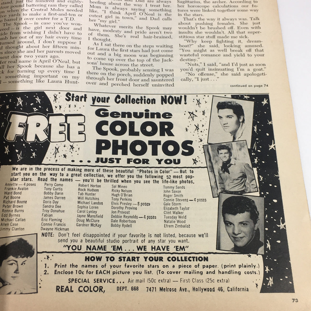 Content page from the May 1961 Teen Magazine detailing how to collect genuine color photos of popular stars, including Elvis Presley.
