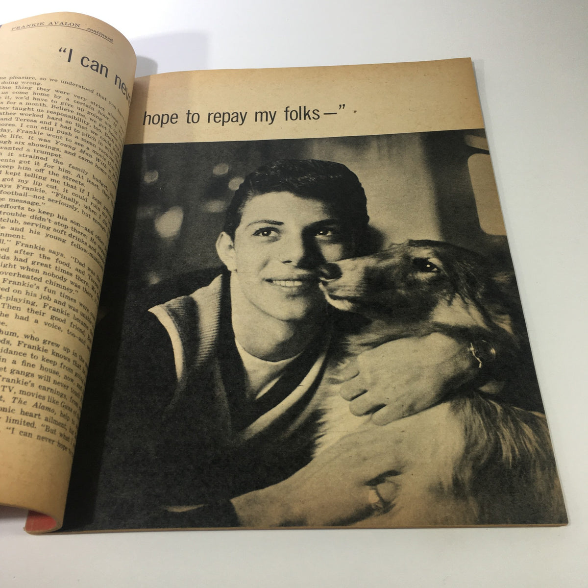 Interior page of VTG Hollywood Teen-Agers Magazine No. 1 1960 featuring Frankie Avalon with a dog, emphasizing youth and nostalgia.