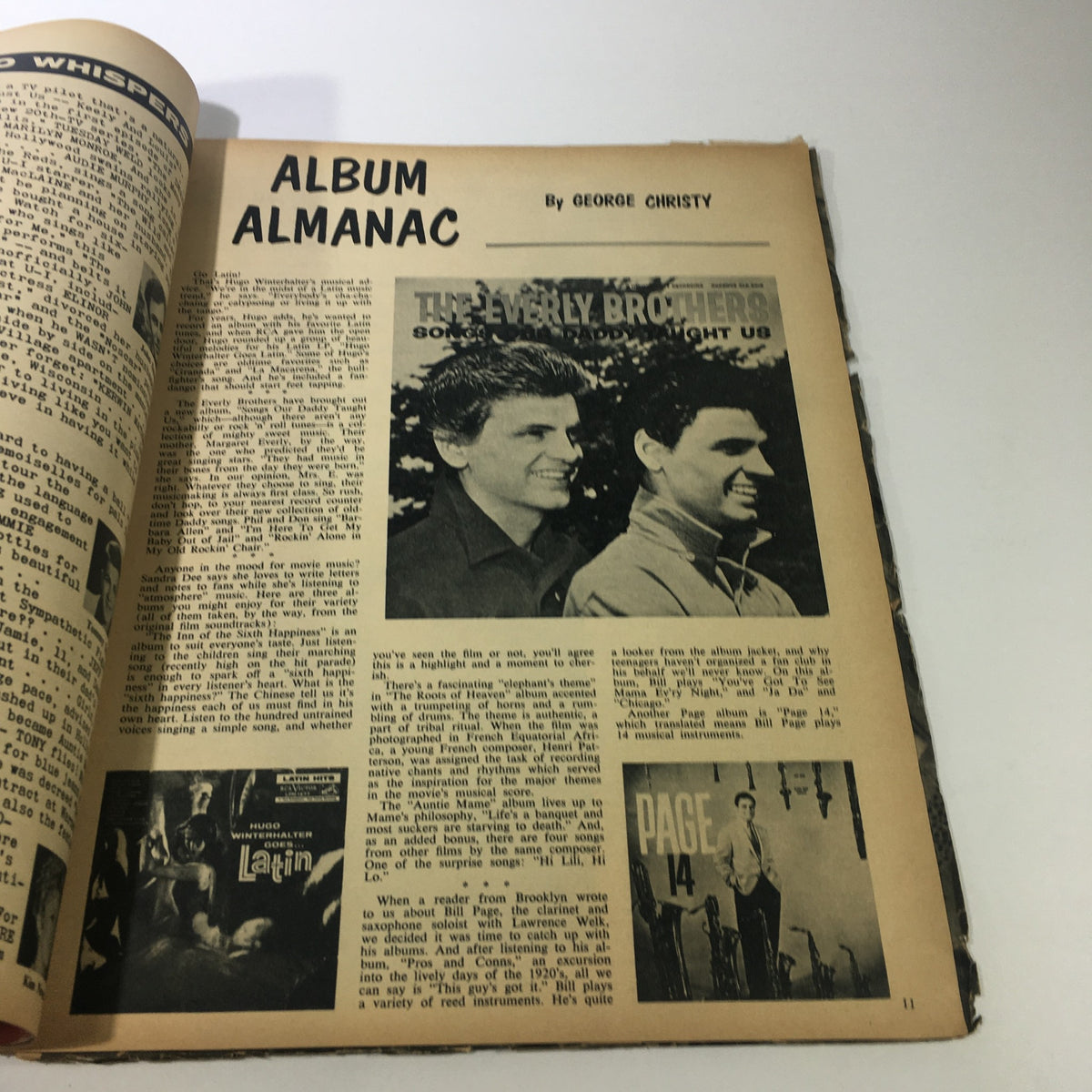 Page from the VTG Movie Land & TV Time Magazine May 1959 showcasing the Album Almanac section with a focus on the Everly Brothers and vintage music recommendations.