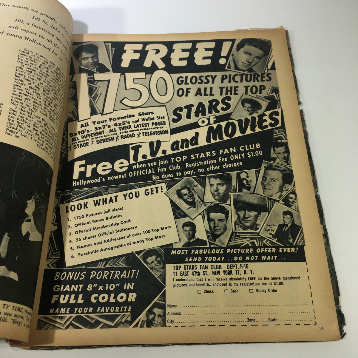 Inside advertisement from the VTG Movie Land & TV Time Magazine May 1959 promoting a fan club with glossy pictures of popular stars in classic Hollywood.