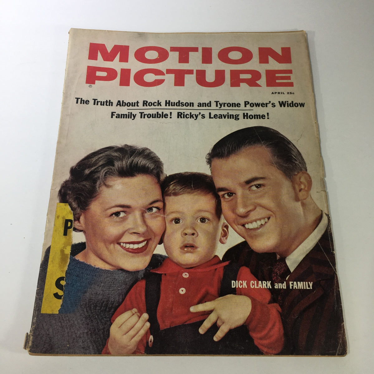 VTG Motion Picture Magazine April 1959 featuring Dick Clark and family with Rock Hudson. The magazine cover showcases a joyful family portrait, highlighting the nostalgic charm of classic Hollywood.