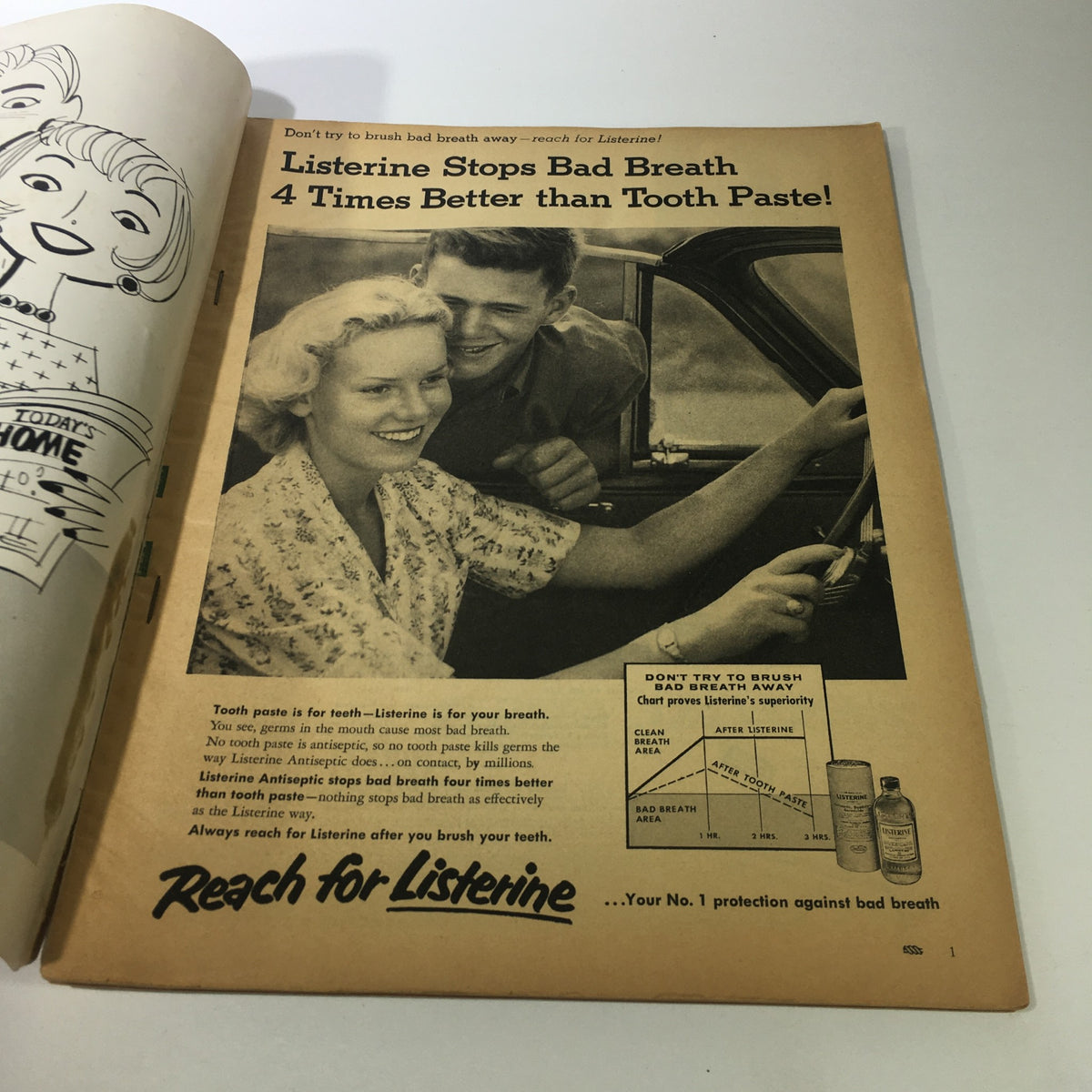 VTG Motion Picture Magazine April 1959 featuring an advertisement for Listerine promoting bad breath prevention with a vintage couple smiling in a car.