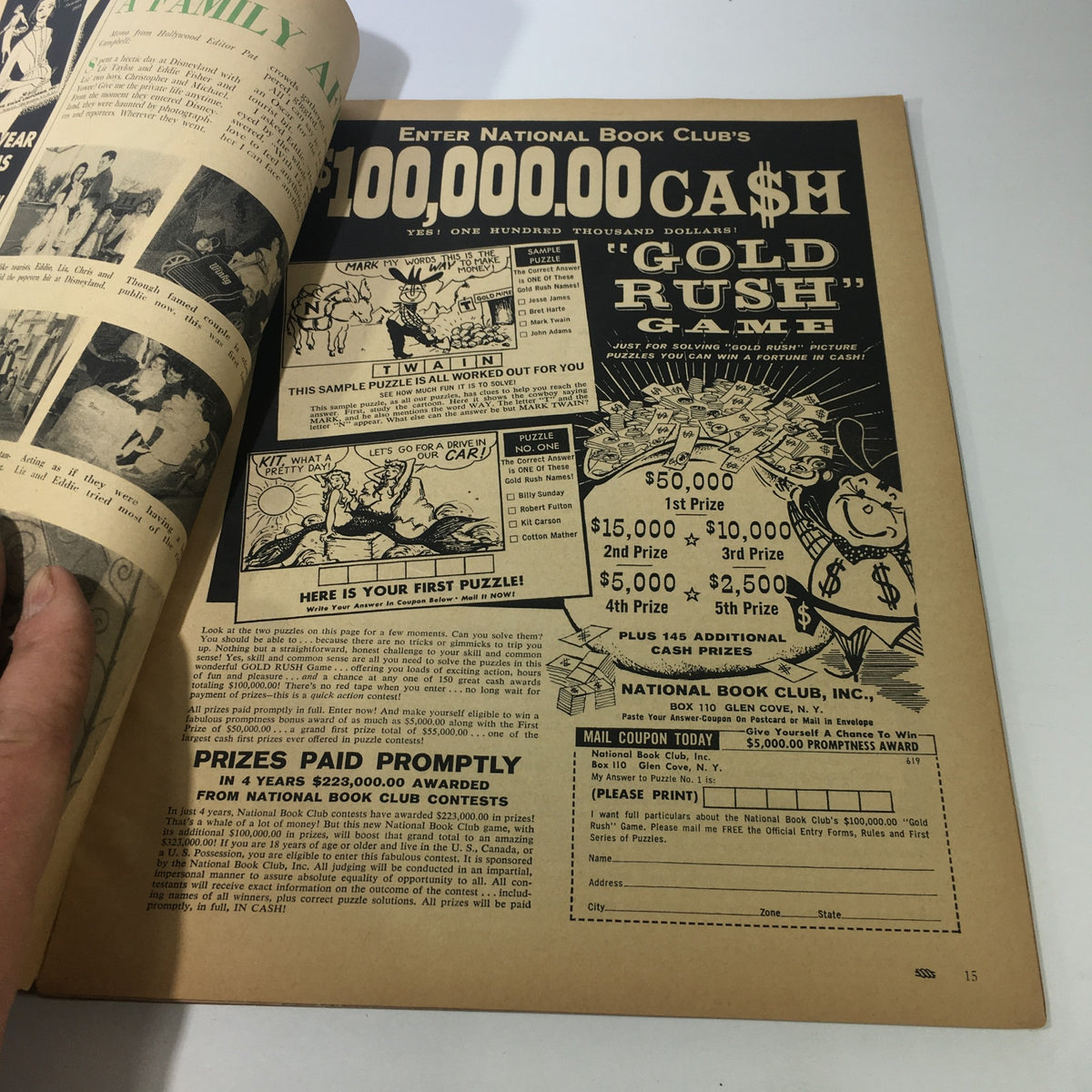 VTG Motion Picture Magazine April 1959 highlighting a contest advertisement from National Book Club with a puzzle game and cash prizes.