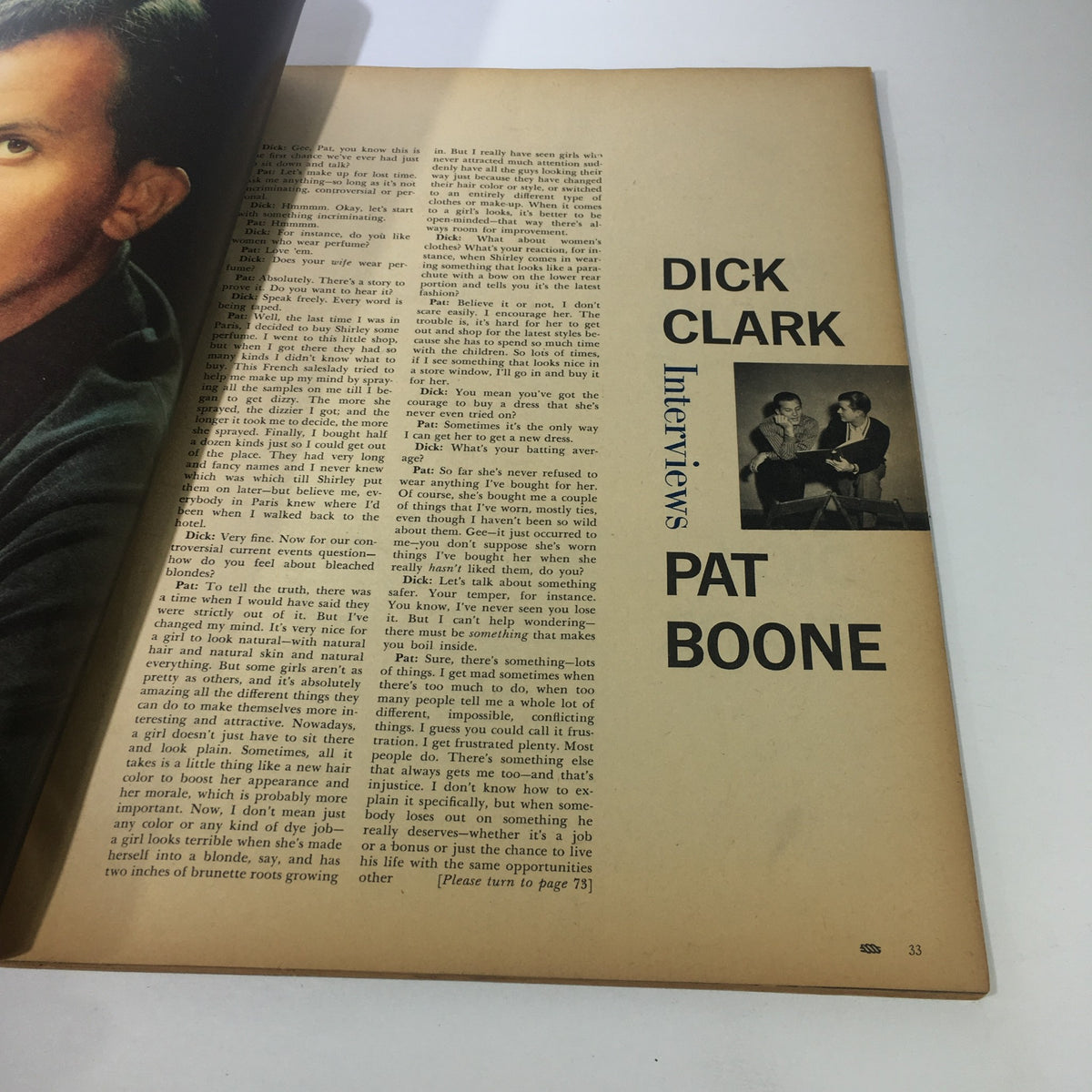 VTG Motion Picture Magazine April 1959 featuring an interview between Dick Clark and Pat Boone discussing celebrity life and image.