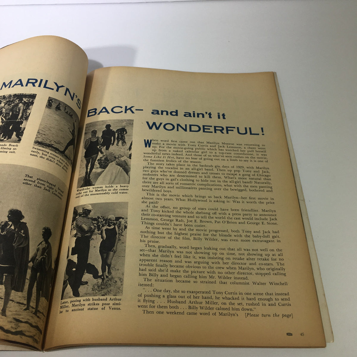 VTG Motion Picture Magazine April 1959 discussing Marilyn Monroe's return to Hollywood and her movie project with Tony Curtis and Jack Lemmon.