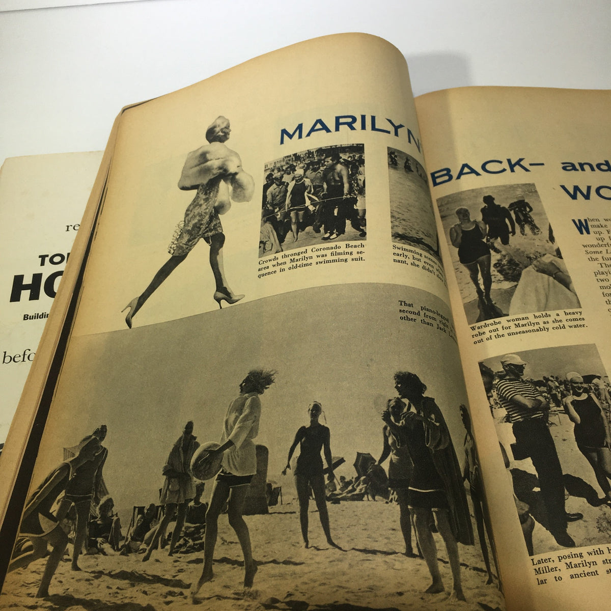 Article spread from VTG Motion Picture Magazine April 1959, featuring a glamorous image of a woman in a vintage outfit and various beach scenes, capturing the charm of Hollywood with Marilyn Monroe's filming in Coronado Beach.