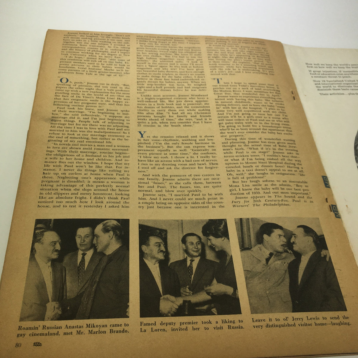 Page from VTG Motion Picture Magazine April 1959, displaying text and photographs of Hollywood personalities with discussions about Marlon Brando and other stars, highlighting the cultural significance of the era.