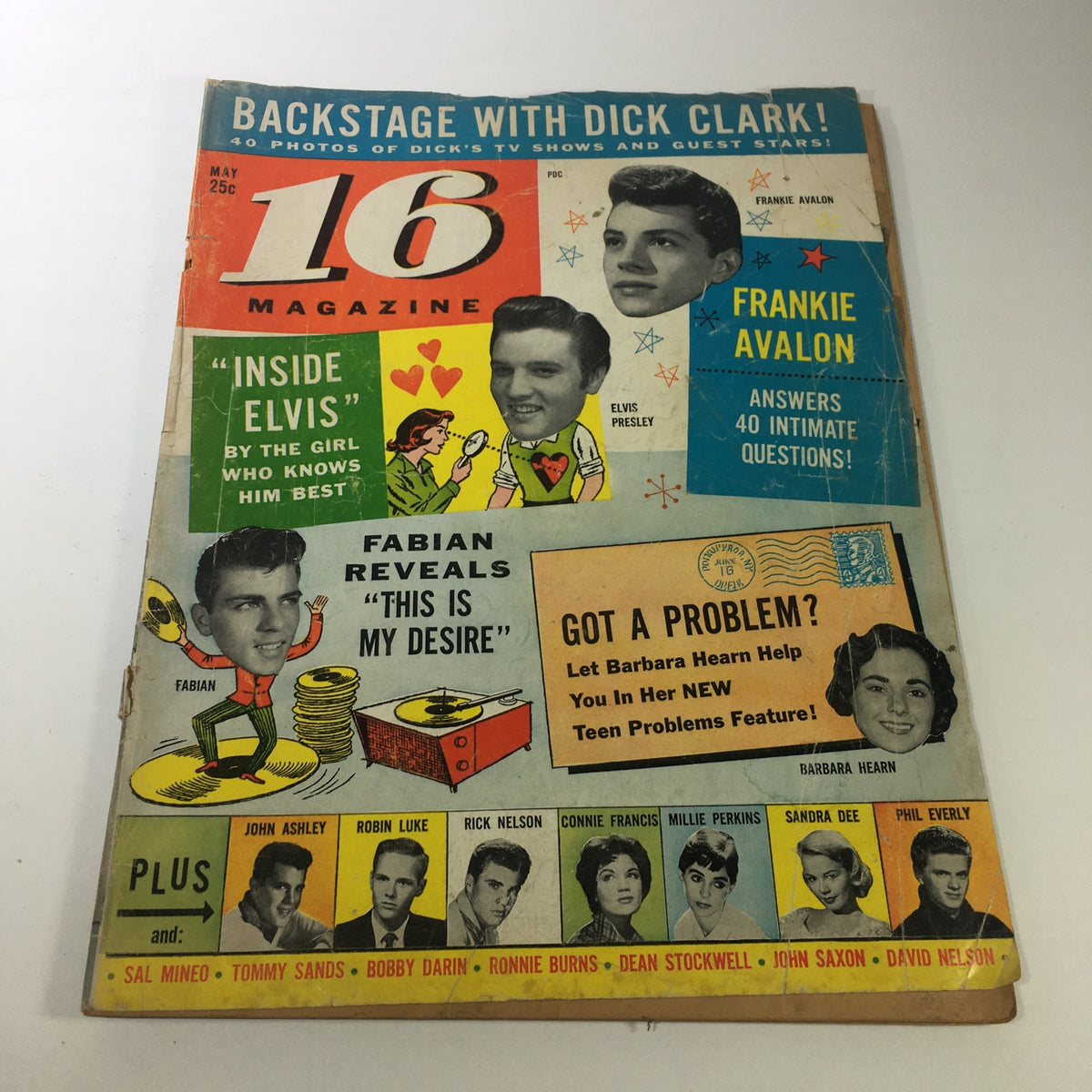 Cover of VTG 16 Magazine May 1959 featuring Frankie Avalon, Elvis Presley, and Fabian, highlighting articles including 'Inside Elvis' and problem-solving advice from Barbara Hearn.