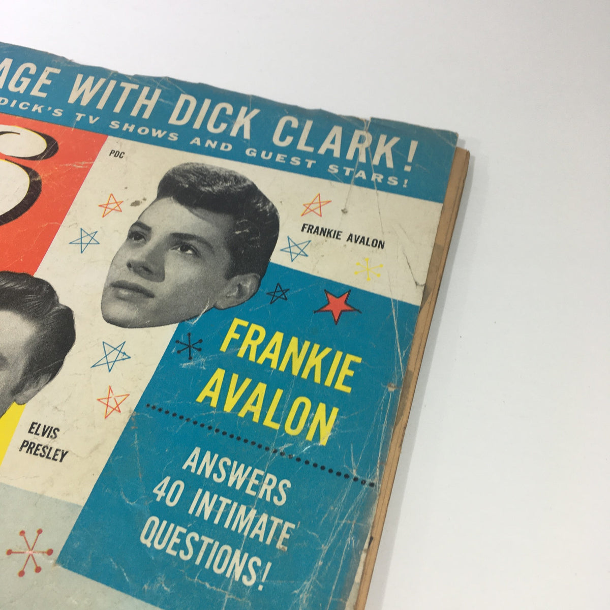 Close-up of the cover of VTG 16 Magazine May 1959 showing Frankie Avalon and Elvis Presley with bold text announcing Avalon’s interview and other teen features.