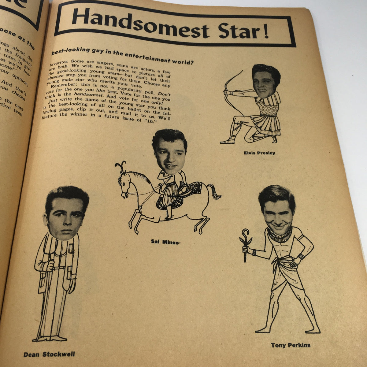 Illustration from the VTG 16 Magazine May 1959 featuring Elvis Presley, Dean Stockwell, Sal Mineo, and Tony Perkins along with a poll for the 'Handsomest Star' in entertainment.