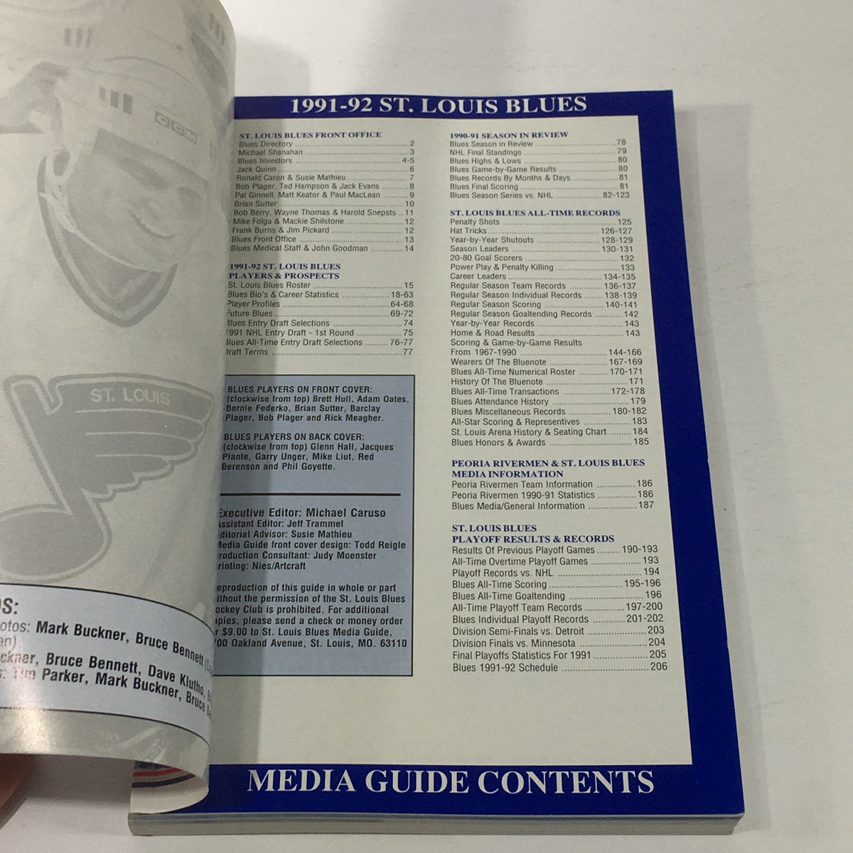 Inside view of the VTG NHL Official Media Guide 1991-1992 for the St. Louis Blues, displaying contents and organizational information.